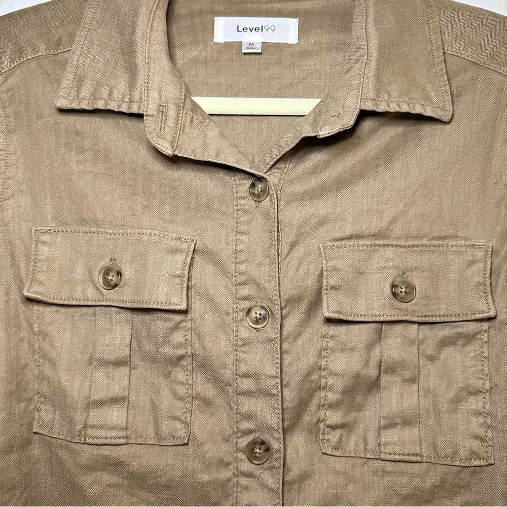 Level 99 Linen Blend Tan Button Down Utility Shirt - Picture 6 of 10